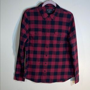 Harley-Davidson Logo Back. Red and Black Buffalo Plaid Button-Down Shirt